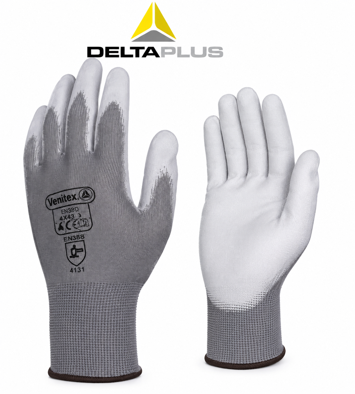 Găng tay phủ PU Delta Plus Venitex màu xám chính hãng, chất liệu sợi polyester phủ PU chống mài mòn, tăng độ bám, chống trơn trượt, phù hợp cơ khí, điện tử, lắp ráp, kho vận và sản xuất công nghiệp.